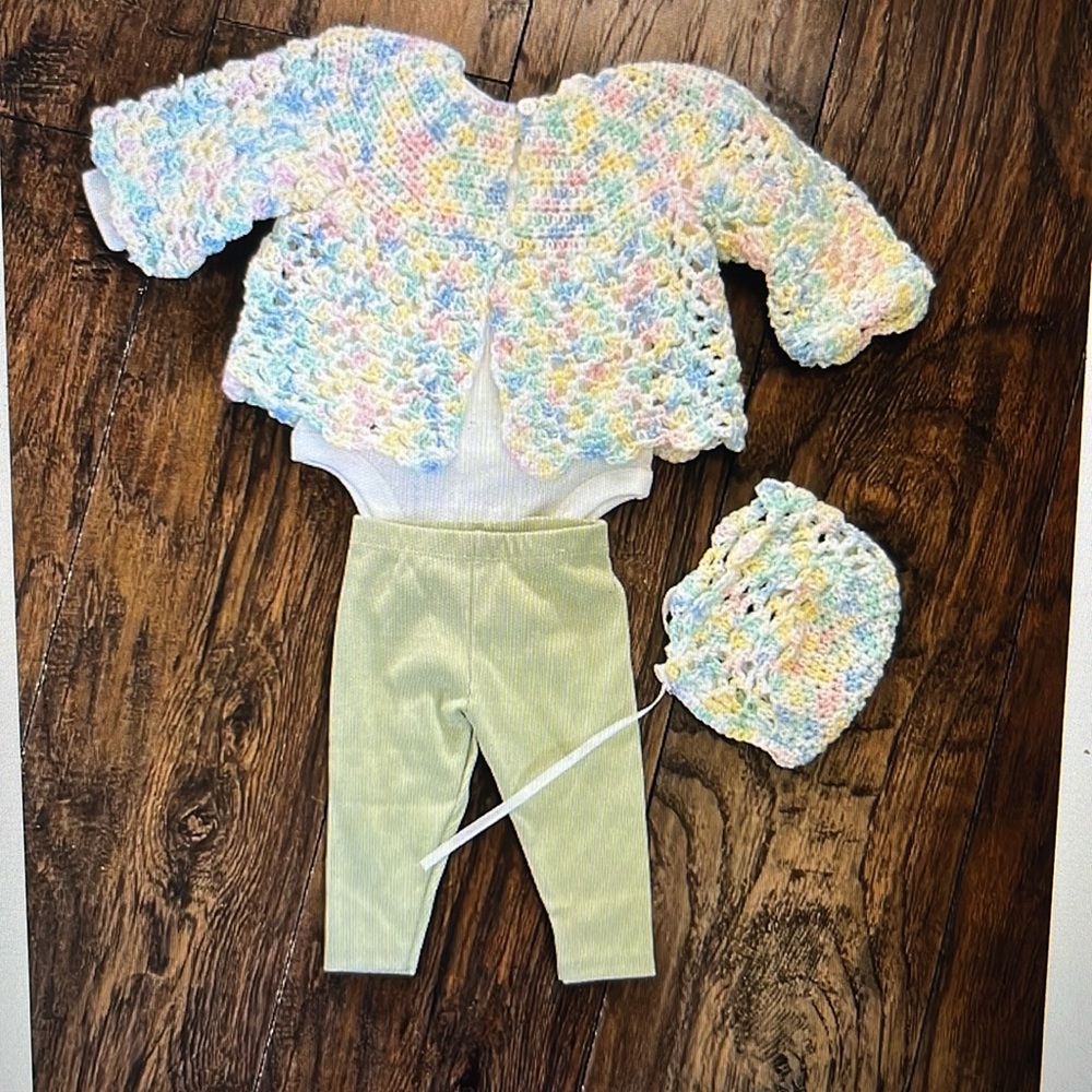 Baby Crochet Handmade 0-3 Month Sweater and Cap w/ Garanimals T-shirt & Pant NEW